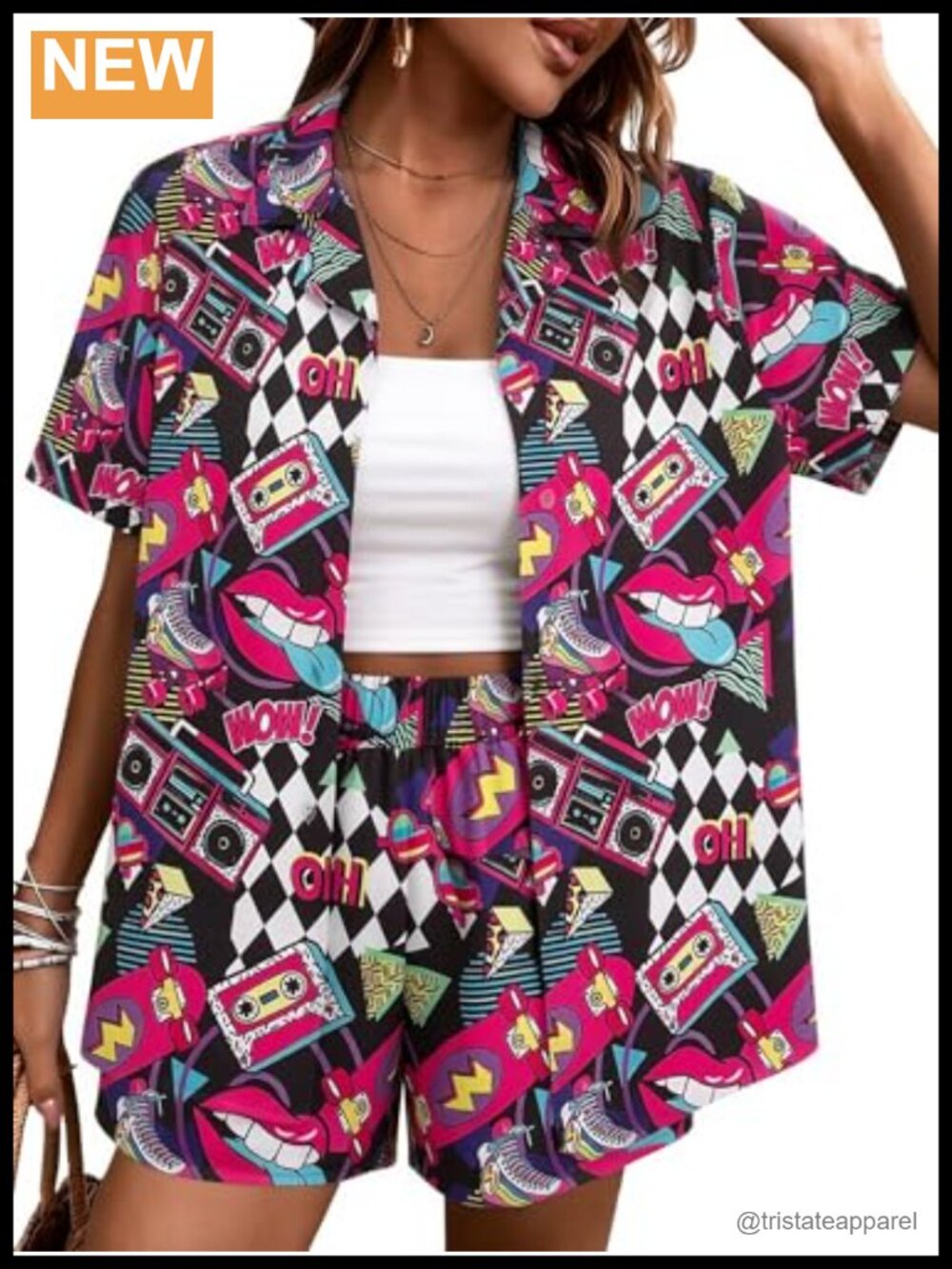 Women's Retro 80s 90s Disco Party Short Set Button Down V-Neck T-Shirt Blouse